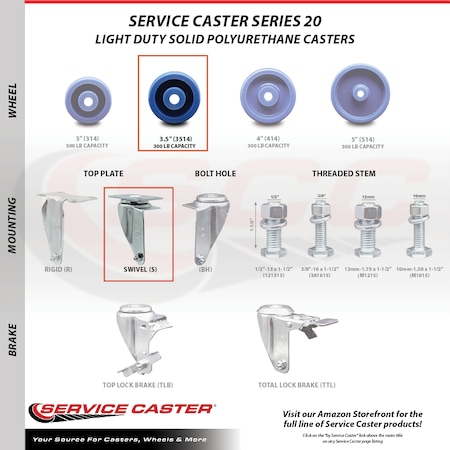 Service Caster 3.5 Inch Solid Polyurethane Wheel Swivel Top Plate Caster SCC-20S3514-SPUS